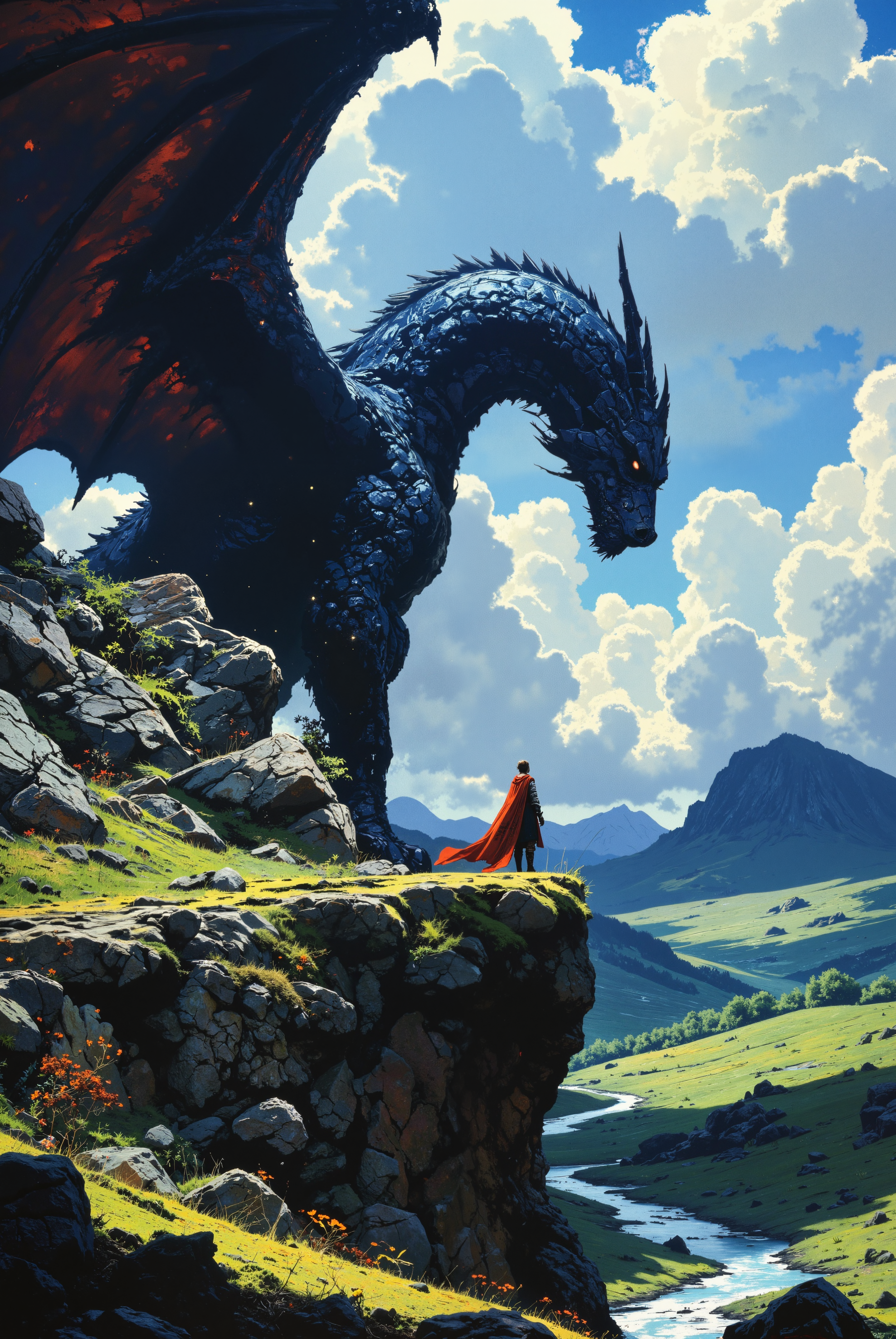 A massive blue-scaled dragon perched on a rocky cliff, lowering its horned head toward a small human figure standing next to it wearing a flowing red cloak. The dragon displays detailed armored scales, prominent spikes along its neck, glowing orange eyes, and a large membranous wing. The rocky cliff features moss and small vegetation growing between its stone crevices, while the background reveals rolling green hills, a winding river, and distant mountain ranges under a blue sky filled with white cumulus clouds. 
