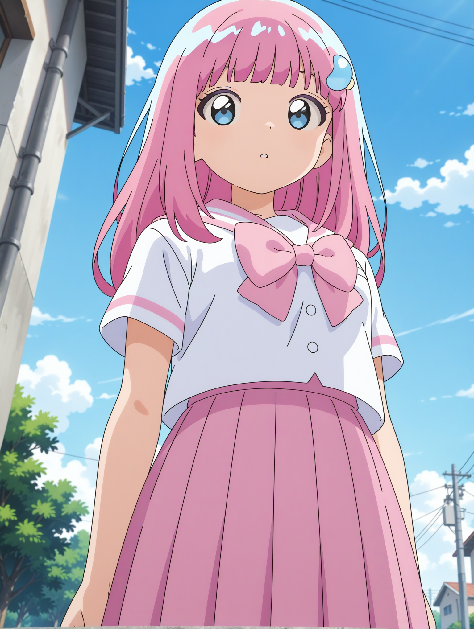 A girl with blue eyes and long pink hair with a small light-blue hair clip on the left side of her head, standing while looking slightly downward toward the camera. She is dressed in a white short-sleeved sailor-style shirt with a large pink bow, pink stripes on the sleeves, and a pink pleated skirt. The background consists of a light-gray building wall with a vertical pipe on the left, green trees, a clear blue sky with white clouds, and power lines with utility poles on the right. 