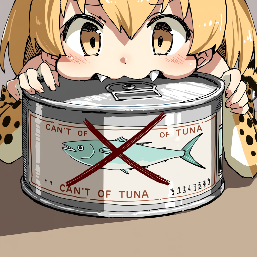 A girl with yellow eyes, blonde hair, and a focused facial expression bites down on the top edge of a large silver metal can with her two pointed fangs. Her cheeks are puffed out as she grips the sides of the tin with her hands, which feature spotted sleeves. The can's white label depicts a teal fish crossed out with a large red "X" and features the text "CAN'T OF TUNA" and "OF TUNA" in red letters alongside illegible characters. 