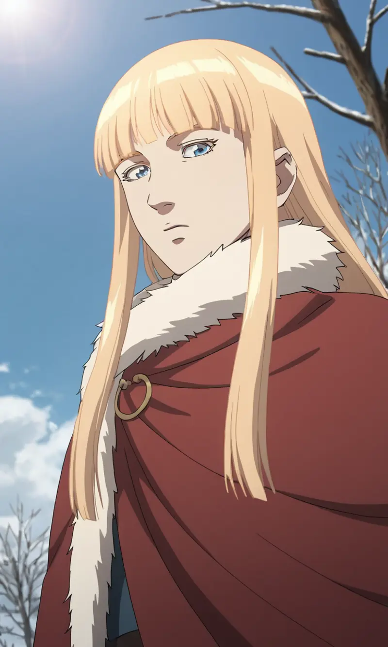 A young man with long blonde hair and blue eyes wearing a crimson cloak with a circular clasp, standing outdoors. The setting is a cold day, as suggested by the bare branches of trees in the background and the clear blue sky. 
