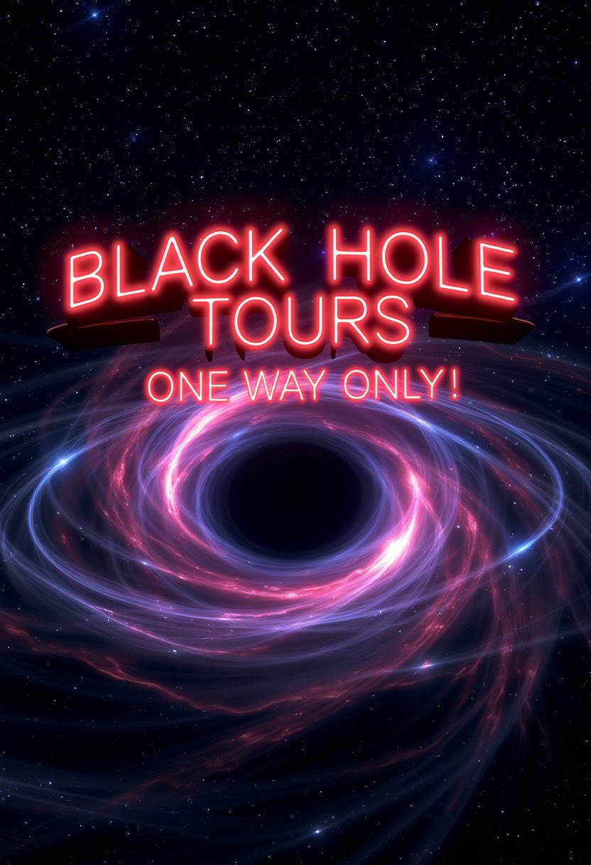 A cosmic scene centered around a black hole, swirling with light patterns that simulate its gravitational pull against a backdrop of deep space filled with stars. Dominating the upper portion is bold text in a radiant red hue that reads “BLACK HOLE TOURS,” followed by smaller text stating “ONE WAY ONLY!” 