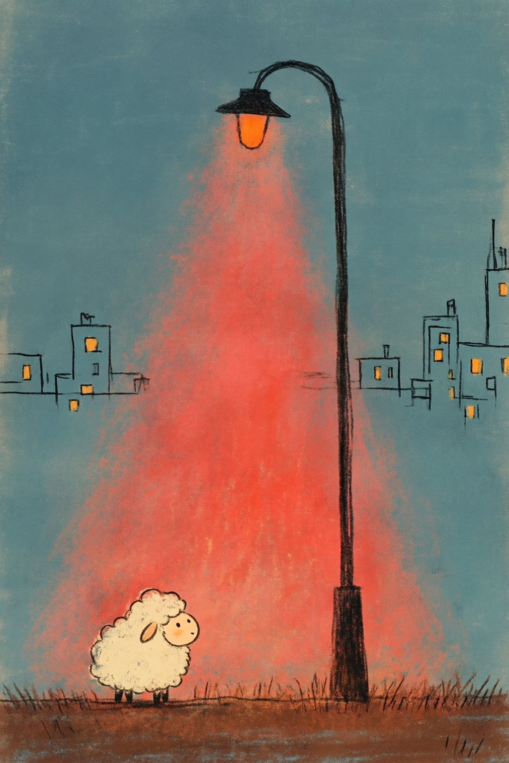 A fluffy white sheep stands beneath a tall streetlamp whose warm orange‑red glow pools around it. Behind the softly lit scene, simple line‑drawn buildings with tiny yellow windows sit against a muted blue sky, 
