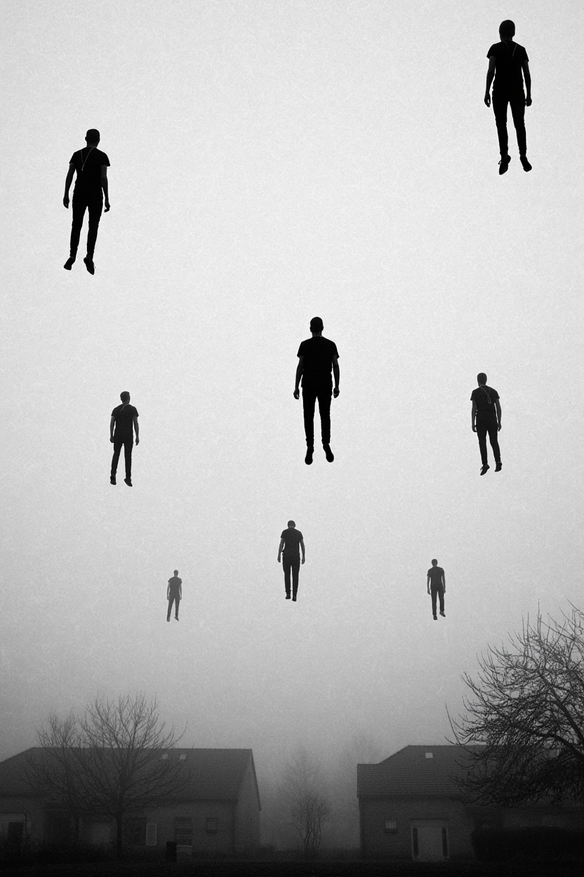 A surreal black and white scene where multiple stark black human silhouettes appear to be floating in midair. They are scattered at various altitudes against a hazy, fog-filled sky. Below them, emerging from the dense ground fog, are the rooftops of houses and the shapes of bare trees. The figures themselves are static and upright, varying in apparent size depending on their distance from the viewer.