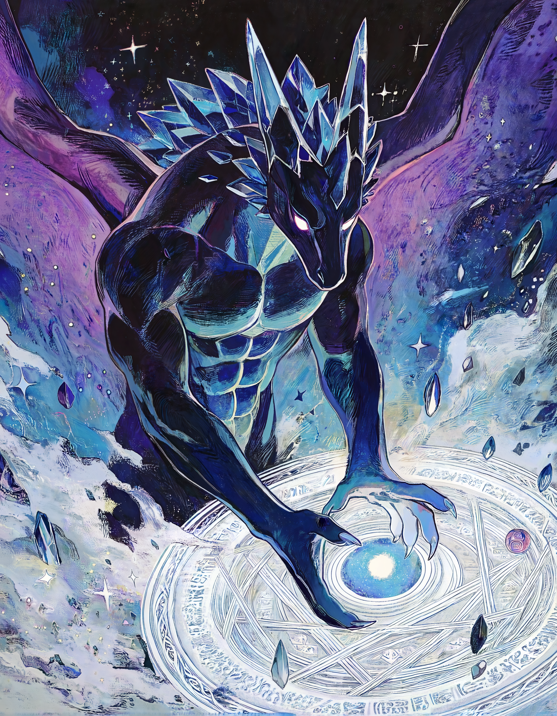 A fantastical draconic humanoid floats in a cosmic environment filled with stars, swirling clouds, and drifting crystal shards. Its body is crowned with crystalline spikes, and its eyes glow a vivid purple. Beneath it lies a radiant circular sigil inscribed with runes and geometric patterns. At the center of the sigil, a bright orb of light glows as the creature extends its claws toward the orb, manipulating its energy. 