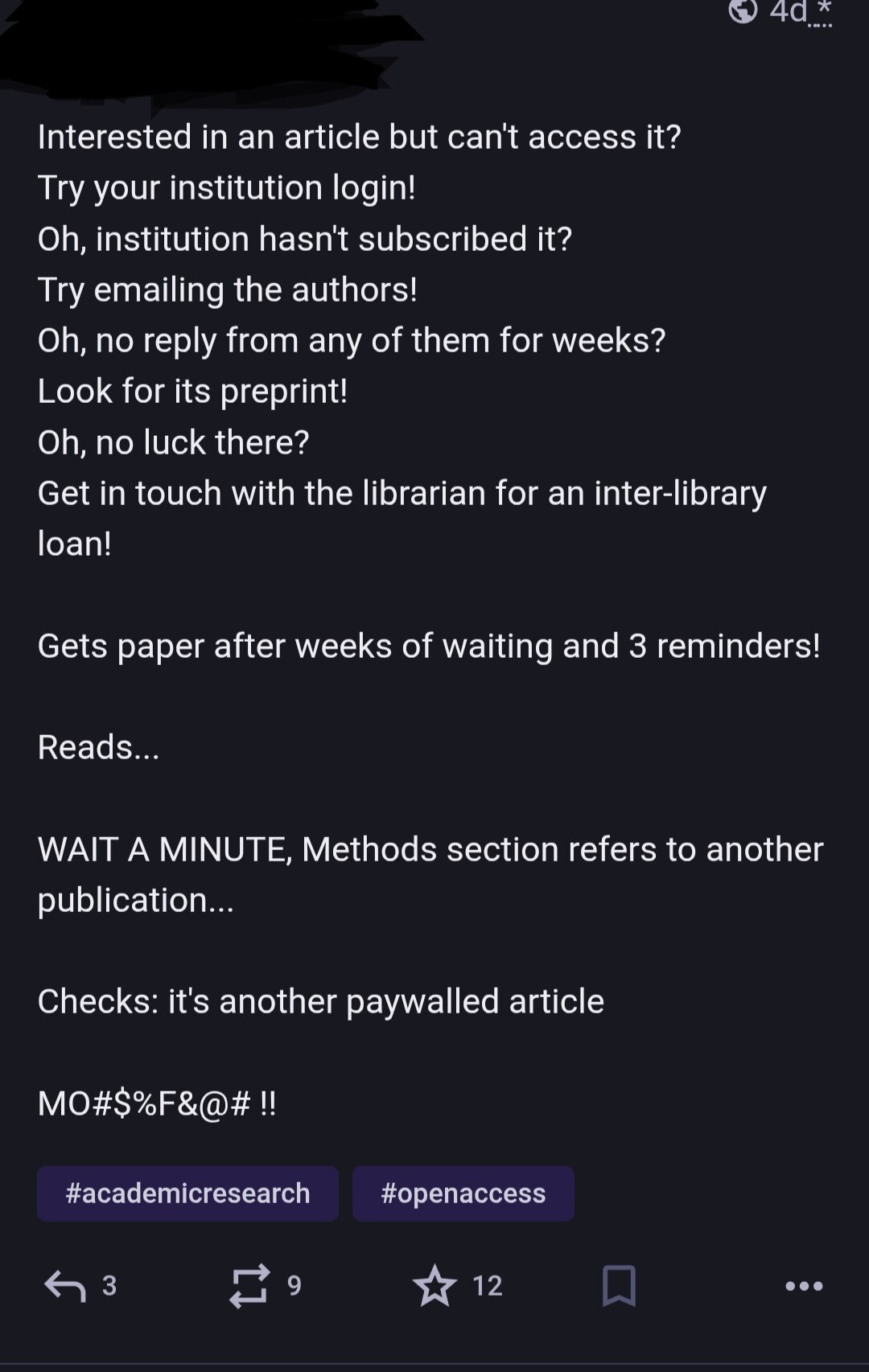 A Mastodon post of someone complaining about the inaccessibility of research papers