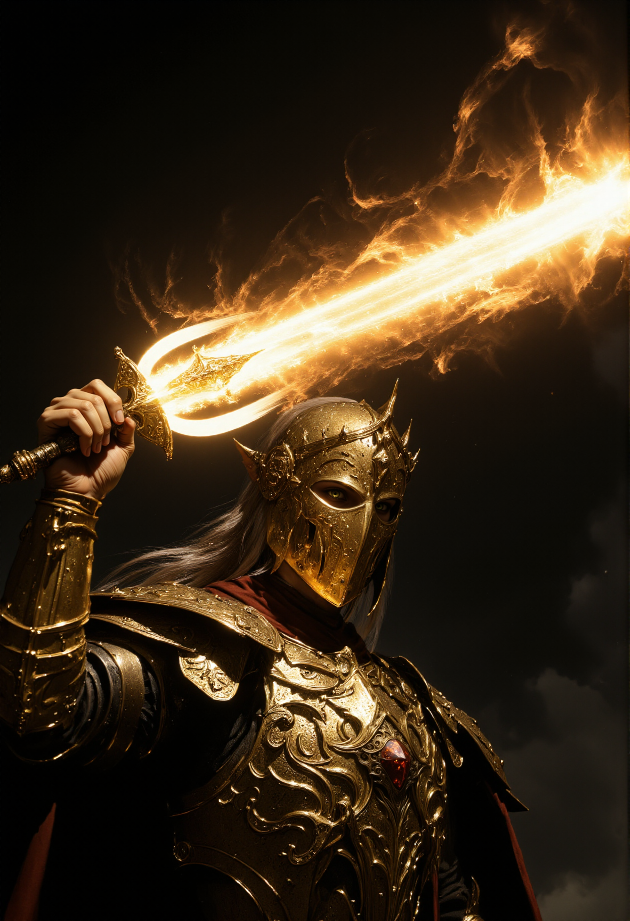 A warrior clad in ornate golden armor, holding a flaming sword aloft. The armor is intricately designed with elaborate patterns and a prominent red gem on the chest. The warrior's helmet is adorned with pointed details, and long hair flows from beneath it. The sword emits a bright, fiery light, creating a dramatic contrast against the dark background. 