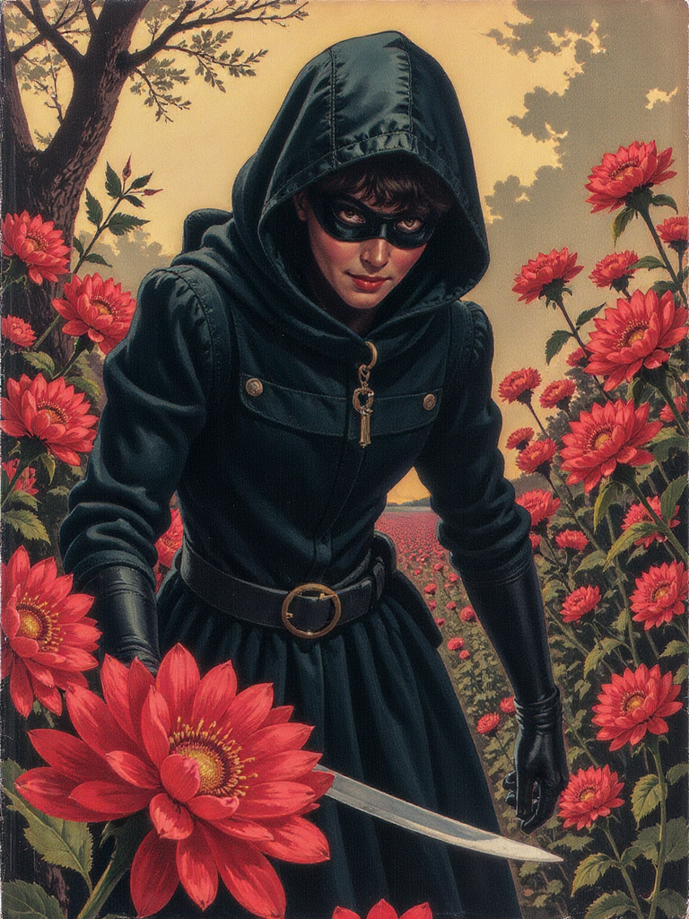 A woman standing in a garden surrounded by large red flowers. The woman is wearing a dark hooded cloak with the hood up, with a mask obscuring her face. In one hand, she holds a sword with its blade reflecting light. 