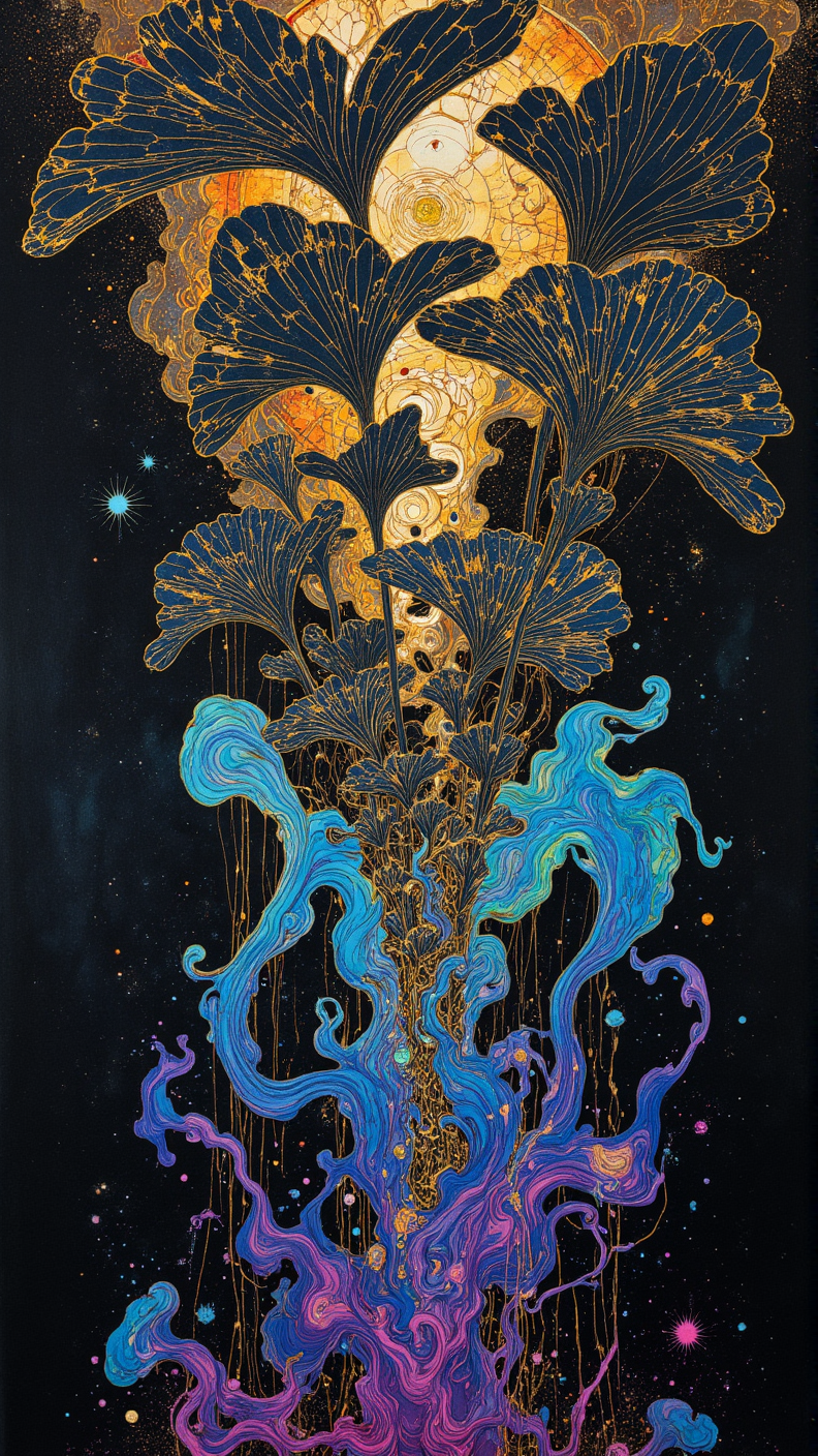 Navy blue fan-shaped leaves resembling ginkgo fronds outlined in luminous gold, emerging from a swirling base of fluid colors against a deep blue background, with delicate golden veins tracing down through the lower leaves. Behind the fronds floats an abstract golden-orange circular formation that illuminates the composition. At the base, the fluid elements transition through a spectrum of blues and purples, with swirling tendrils reminiscent of nebulae. These colorful wisps gradually fade from deep violet to cyan as they flow upward. The entire scene is dotted with small colorful specks and star-like points of light in various hues, enhancing the atmosphere. 