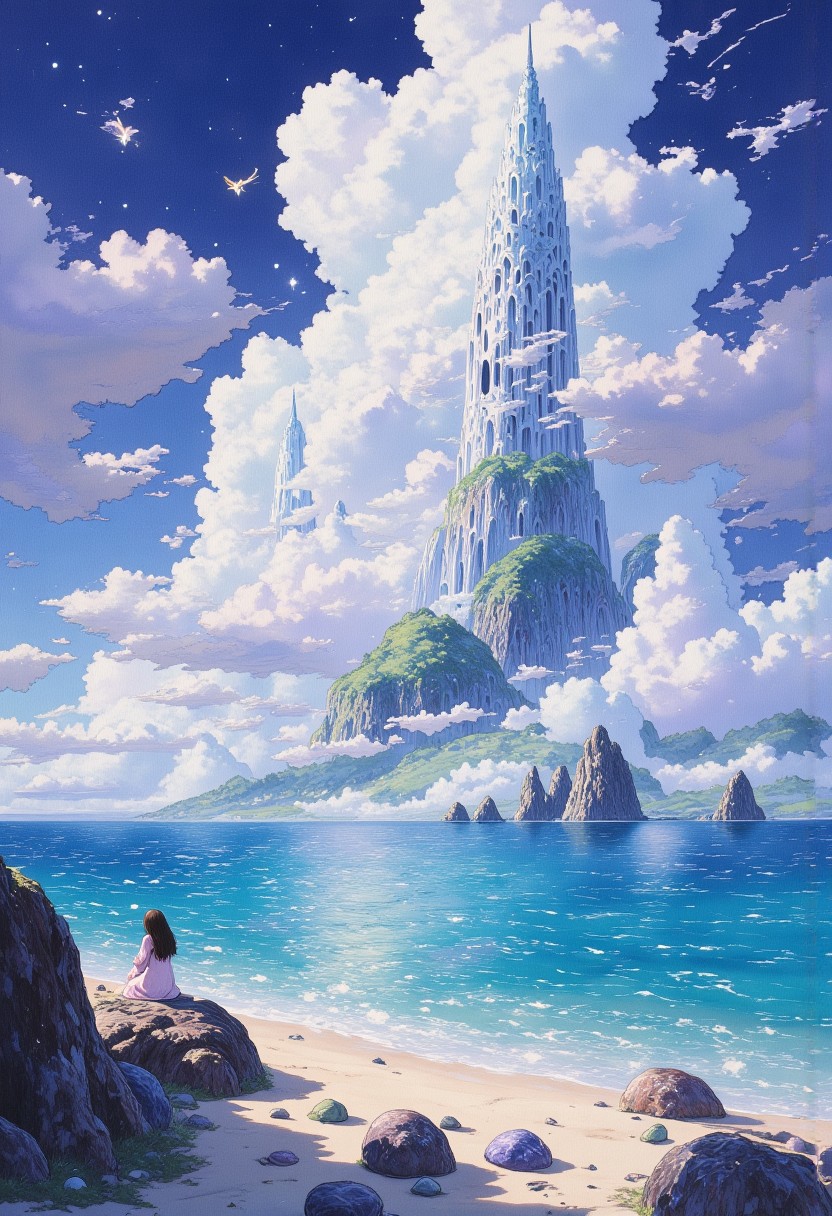A breathtaking coastal scene with a solitary figure in white clothing sitting on a rocky outcrop by a sandy beach with brilliant turquoise waters and an extraordinary massive ivory tower that spirals dramatically upward from a distant island. The tower, made of pale white material, rises far above the landscape and pierces the cloud layer. Verdant green hills form the base of the island, with smaller rock formations jutting from the water around it. The sky transitions from deep blue at the top to lighter hues near the horizon, filled with white clouds at varying heights, partially obscuring another similar tower visible in the distance. 