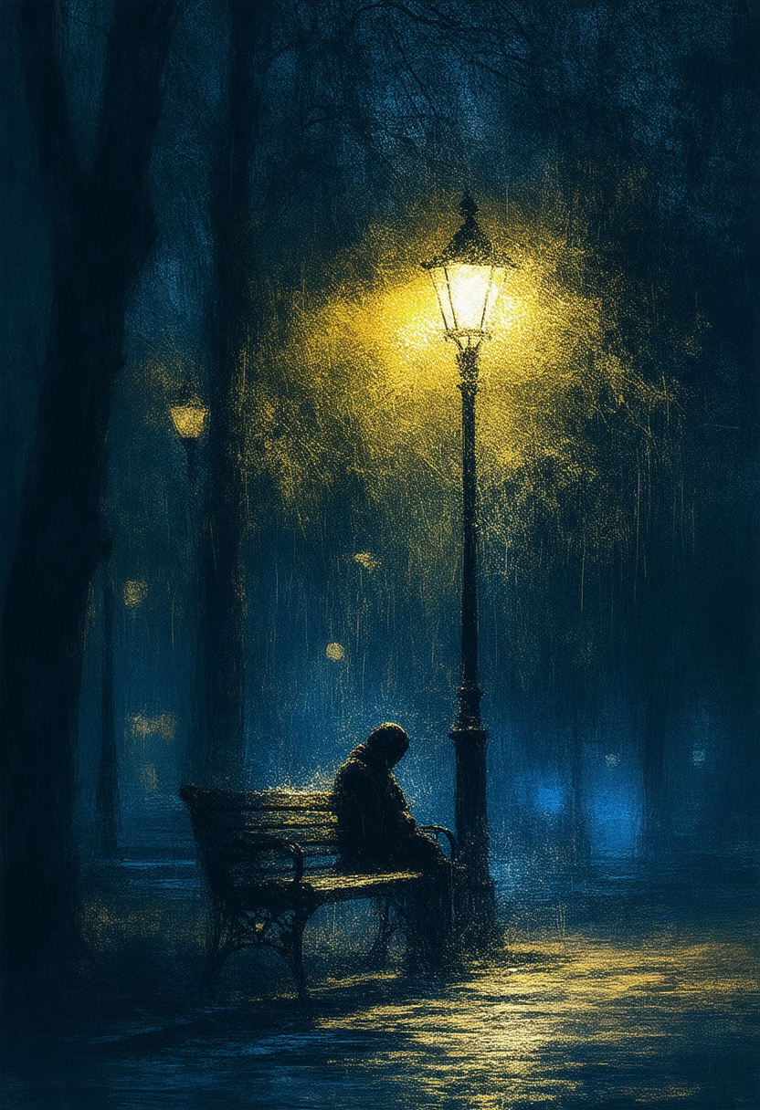 A figure sitting on a wooden bench next to a tall street lamp during a rainy night, rendered in an impressionistic style with heavy texture and brushwork. The person appears as a dark silhouette hunched forward, seated on the right side of the park bench. The street lamp casts a bright golden-yellow circle of light that illuminates the falling rain, creating visible streaks and a halo effect around the light source. The scene takes place on a wet city park, with the ground reflecting the lamplight across the dark blue pavement. The background shows tall trees rendered in deep blue tones, with additional lamps visible in the distance. The entire image uses a predominantly blue and dark teal color palette punctuated by the warm yellow glow of the street lamp.