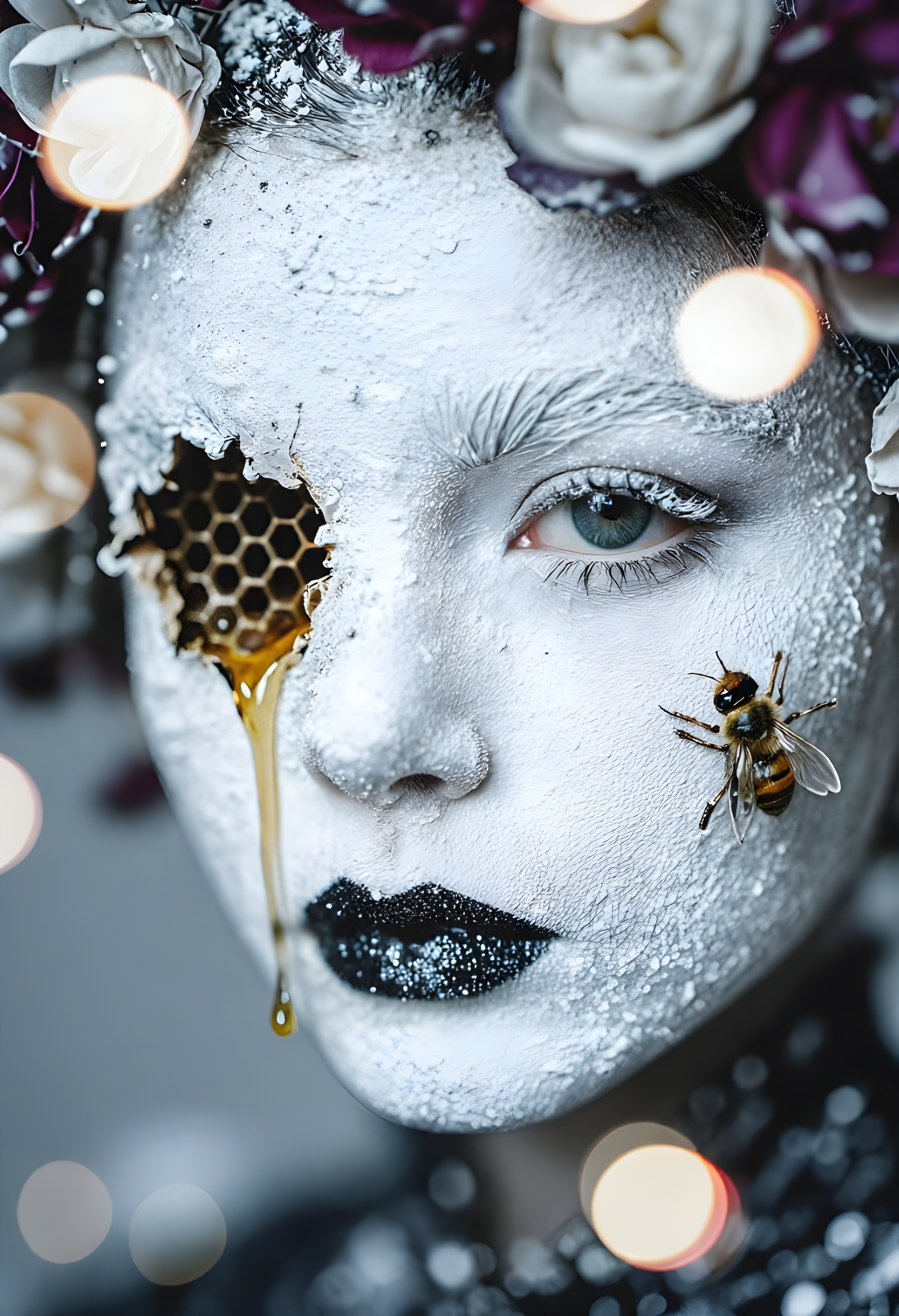A face painted entirely white in a material textured to resemble plaster, with black glittered lips and one eye socket replaced by a honeycomb filled with golden honey that drips down the cheek, while a bee rests nearby. A crown of white and purple flowers encircles the head, and the softly blurred background glows with circular bokeh light. 