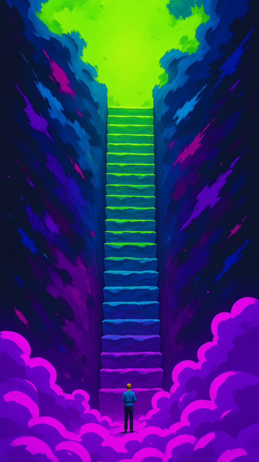 A solitary figure wearing dark clothing standing at the base of a tall staircase that extends vertically through the center of the frame. The staircase transitions from deep purple steps at the bottom through blue and teal middle sections to brilliant lime green at the top, creating a dramatic color gradient. Intense light emanates from the bright green opening above, as purple and magenta clouds billow from both sides of the frame's bottom, while diagonal streaks of blue, purple, and pink slash across the dark background clouds. 