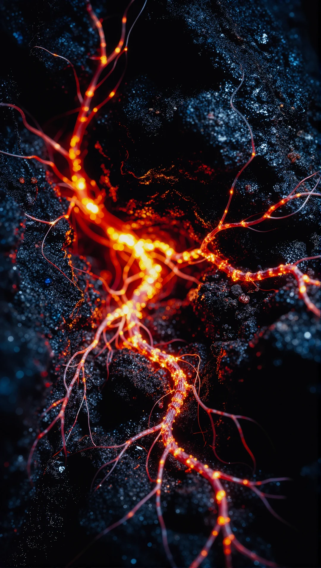 A network of bright orange and red filaments spreads across a dark, rough surface, each branch glowing as though carrying heat or energy. 