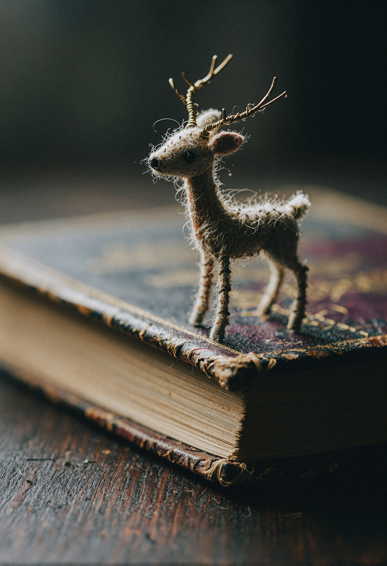 A close‑up shot of a small deer figurine made of textured fabric with thin wire antlers standing on top of an old book with a frayed cover and yellowed pages on a wooden surface.