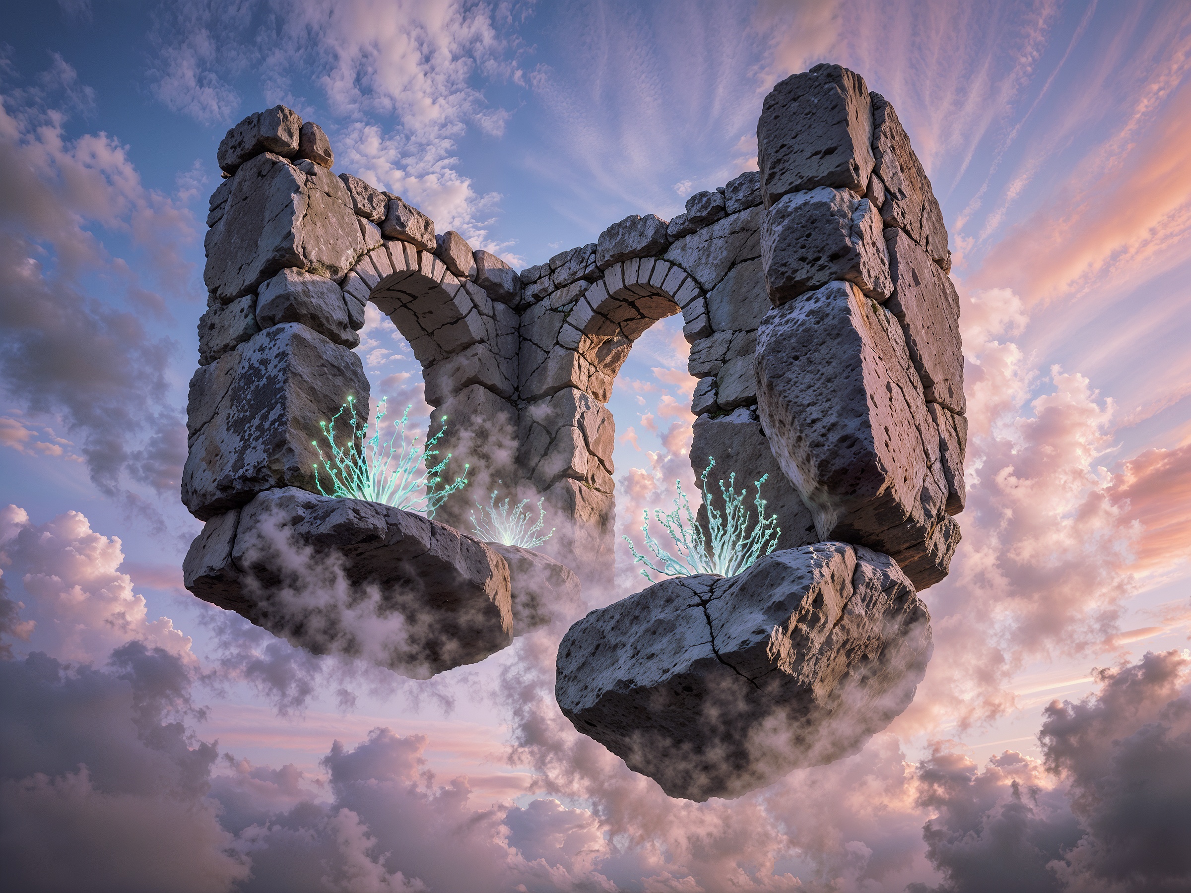 A Low-angle shot of part of an ancient stone structure with two rounded arches floating in the sky. Luminous turquoise plant-like forms grow on the structure's ledges among wisps of gray clouds that partially obscure the lower portions of the ruin. The sky displays dramatic sunset lighting with streaked clouds in gradients of blue, lavender, pink, and coral tones. 