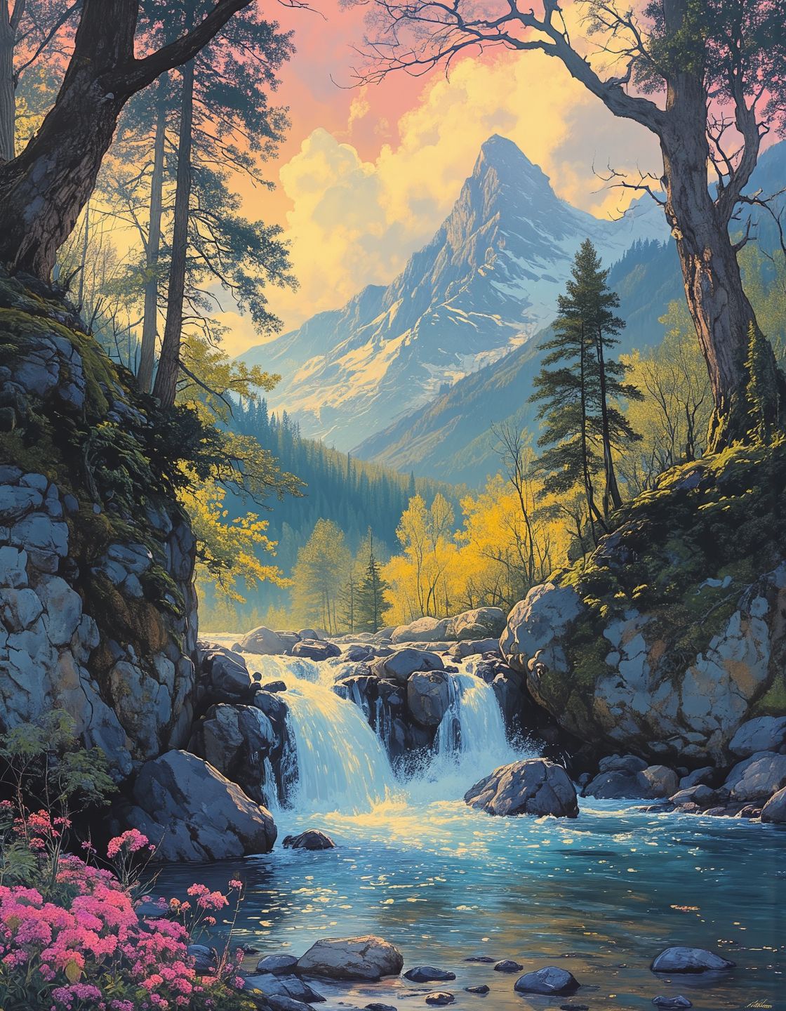 A wide shot of a waterfall dropping over layered rocks into a clear pool, with dense trees framing both sides and pink wildflowers in the foreground. Large rocks surround the water, and a snow-covered mountain rises in the distance beneath a sky marked by warm tones of pink, orange, and yellow. 