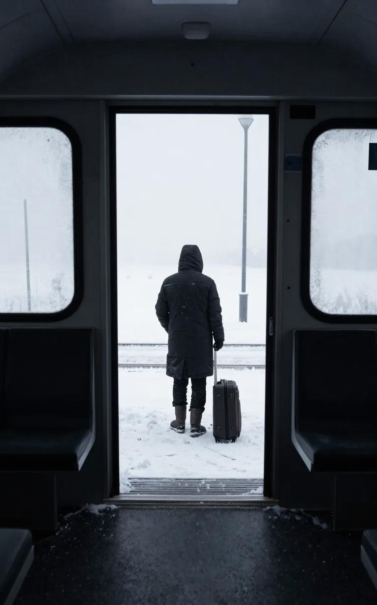 A shot from inside a train frames a solitary figure disembarking onto a snowy platform. The person wears a long winter coat with a hood and holds the handle of a wheeled suitcase. Snow blankets the ground, and railway tracks stretch across the background. 