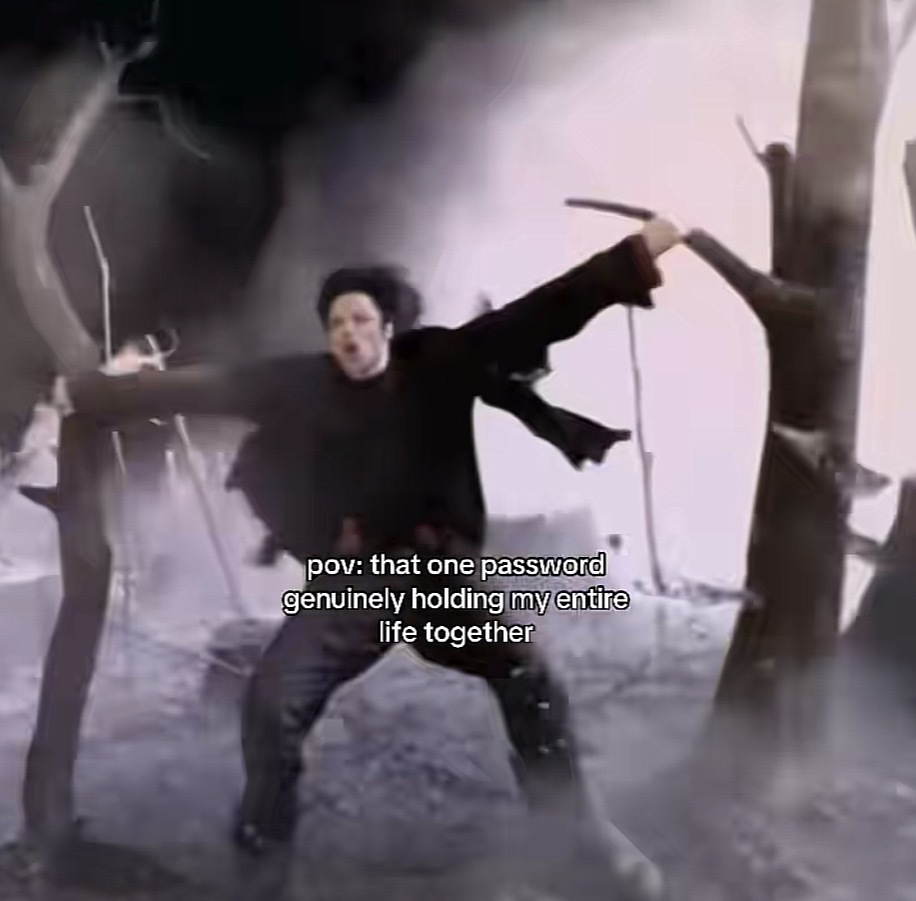 Screen-cap of Michael Jackson in a music video being blown in heavy wind with the caption, “POV that one password genuinely holding my entire life together”
