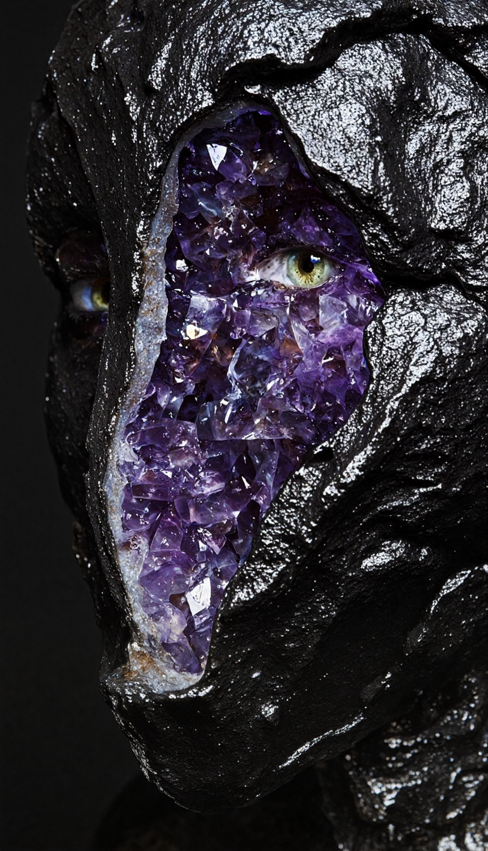 A human face composed entirely of dark stone cracked open to reveal purple amethyst crystals, with two natural green eyes remaining visible among the stone structure. 