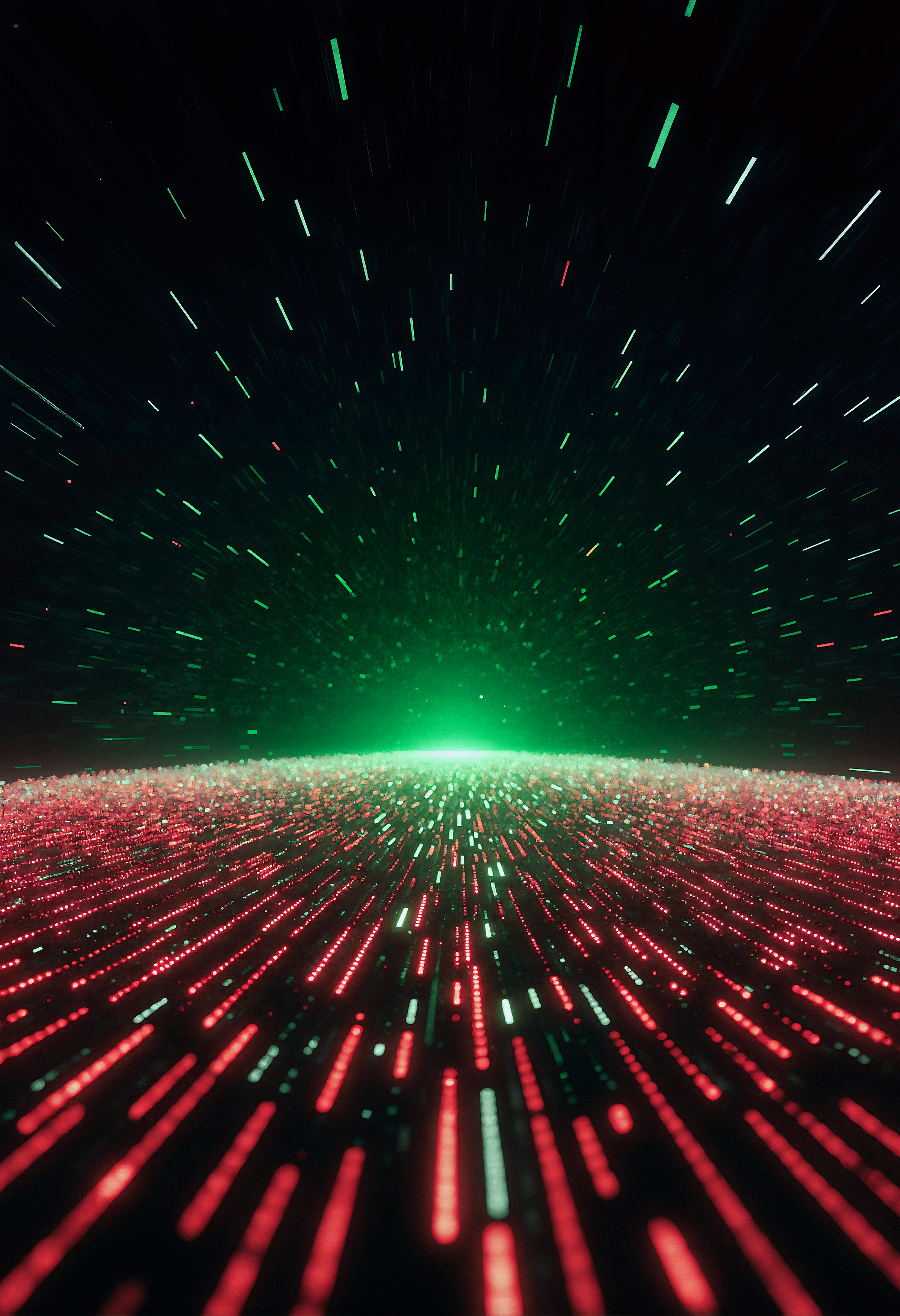A glowing green horizon anchors the center of a digital landscape, with red and green light streaks radiating outward in long, linear paths. The streaks converge toward the horizon, creating a tunnel‑like sense of speed and depth. 