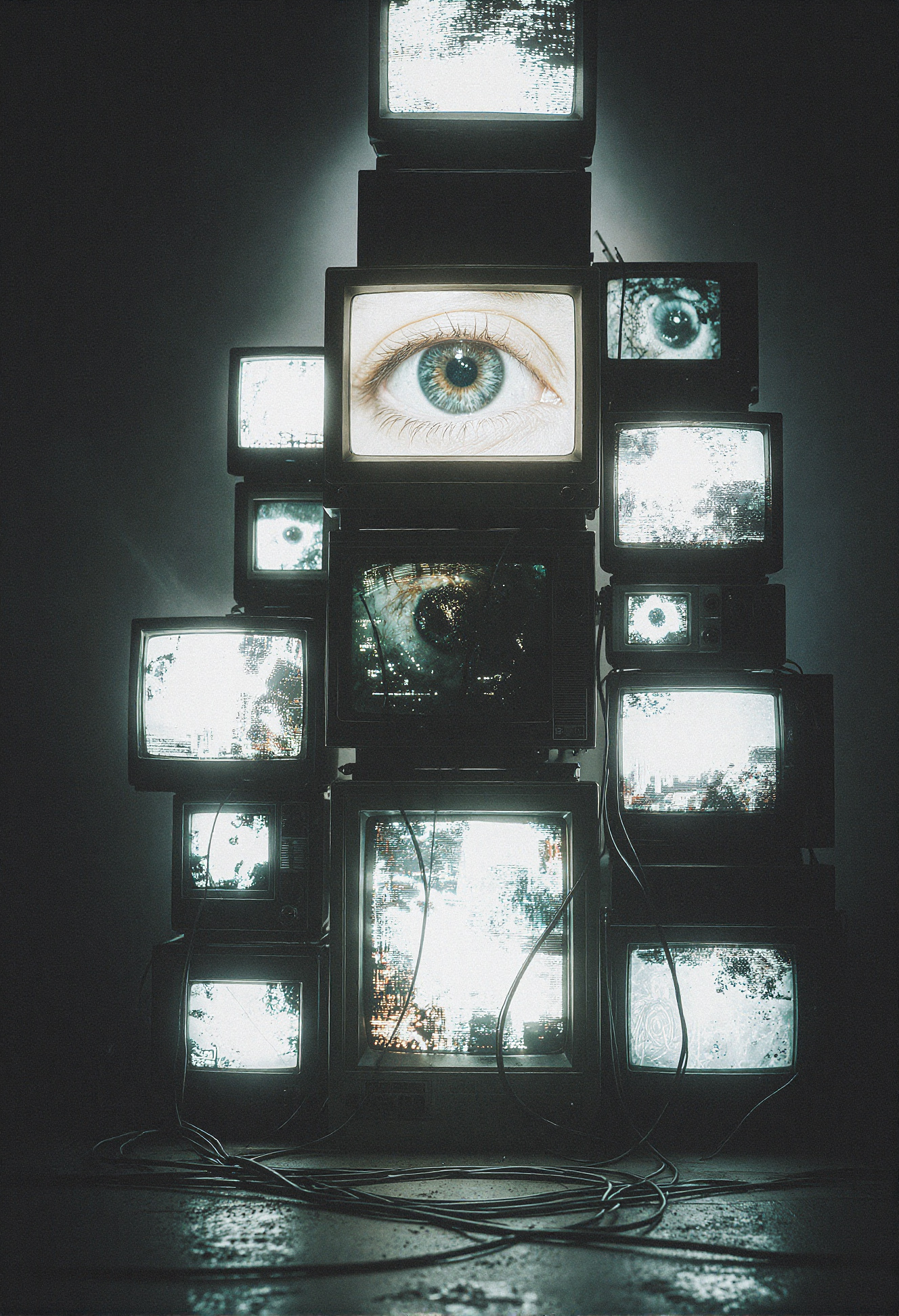A dark room where several CRT televisions are stacked. Many of the screens display static or distorted visuals, while three show portions of a human eye. The central screen features a close‑up of a blue eye with a sharply detailed iris and eyelashes. Electrical cables lie on the floor, connecting the televisions. 