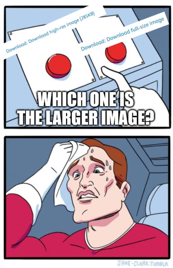 Dilemma meme with graphical abstract download feature on Elsevier sciencedirect.com paper website: Download high-res image (285KB) [OR] Download: Download full-size image. Which one is the larger resolution image?