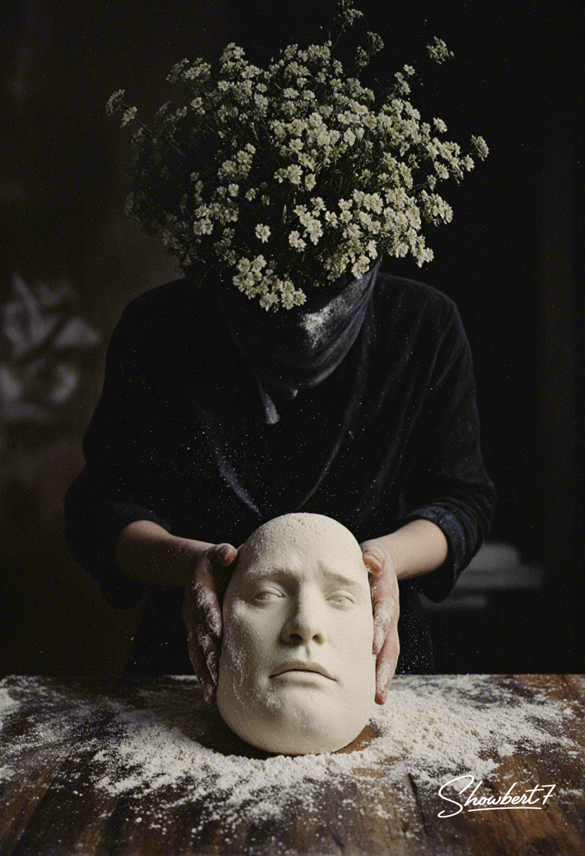 A figure with a large bouquet of small white flowers growing from where their head would be wearing a black long-sleeved shirt standing behind a wooden table, holding a white dough face in both hands. The head rests on the wooden surface, which is covered in white flour. 