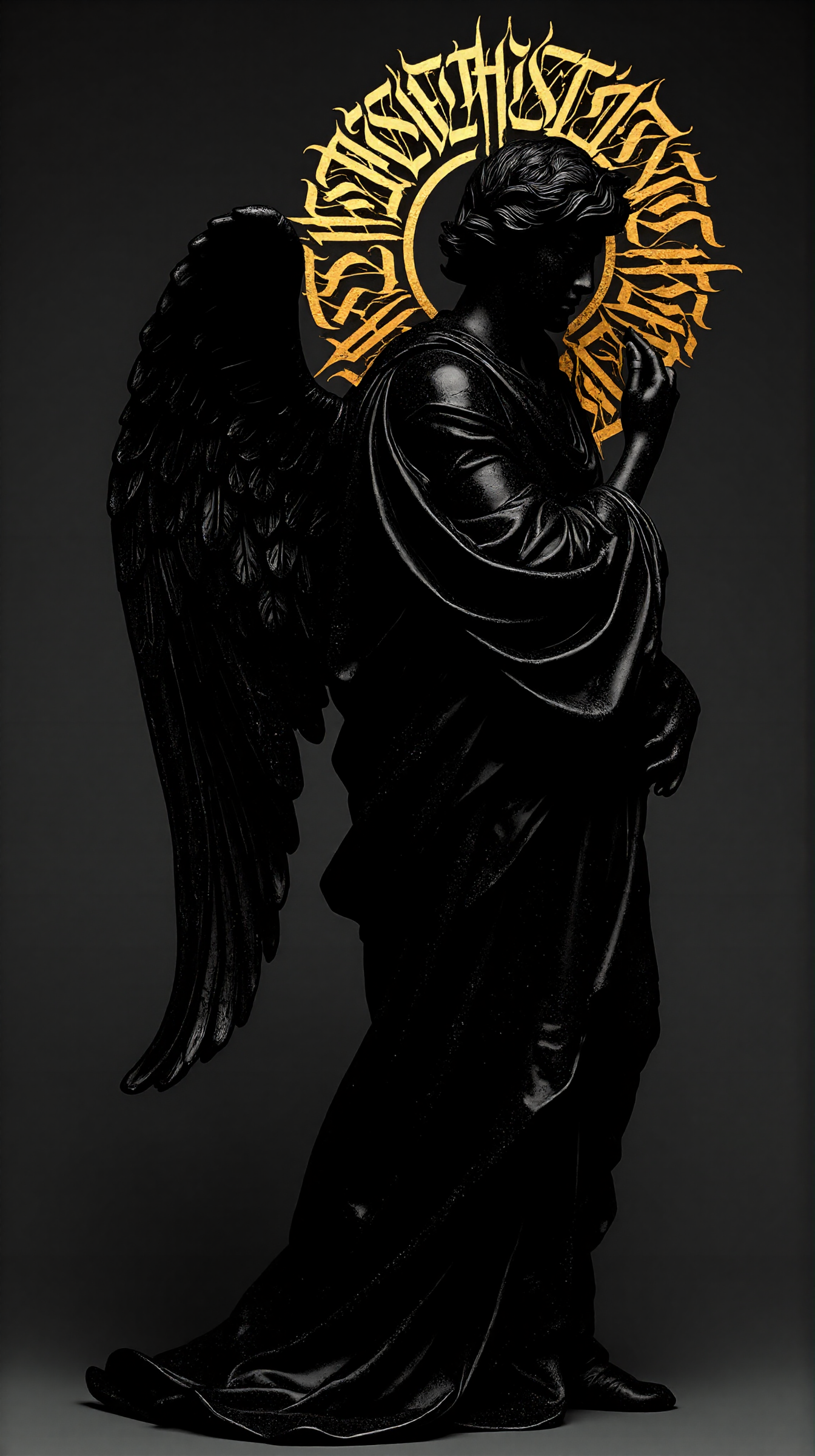 A black angelic statue in a contemplative pose, with one hand raised thoughtfully to its chin. Above the angel's head, a radiant golden halo with ornate text creates a striking contrast to the dark figure and the shadowy background.