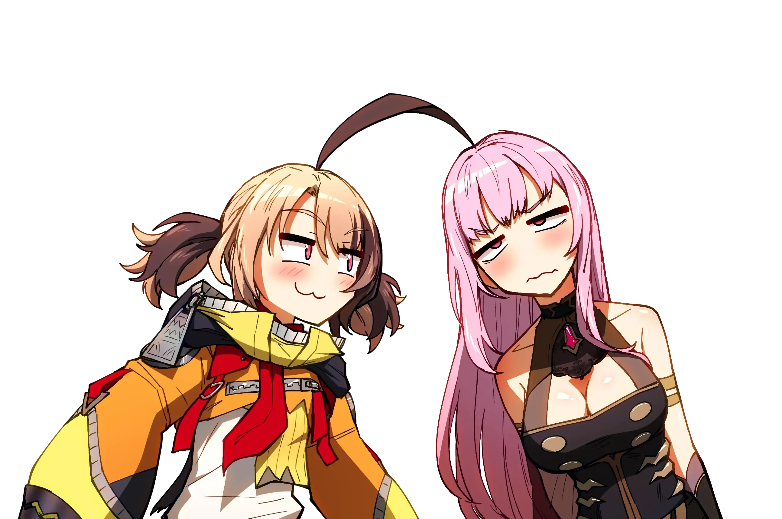 Gigi Murin's looking smugly at Mori Calliope while Gigi's ahoge toughes Calli's head. Calli looks frustrated.