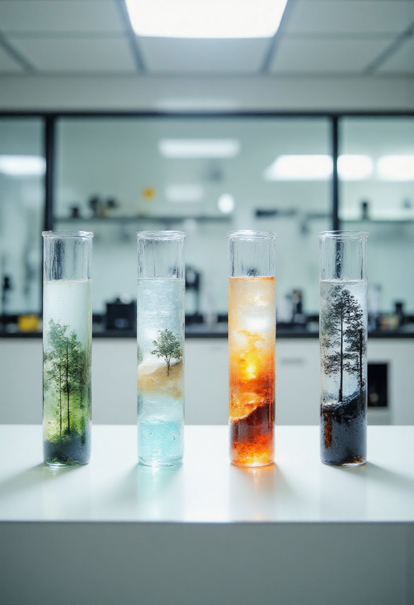 A four tall glass test tubes arranged in a row on a white laboratory surface, each containing distinct micro-biomes representing different environmental conditions. The leftmost tube displays green vegetation with dark soil, the second contains blue-tinted water with sandy sediments and a green tree, the third shows orange and yellow flame-like layers of lava and dark volcanic rock, and the rightmost tube features dark materials with a dark tree silhouettes and snow-covered ground. 