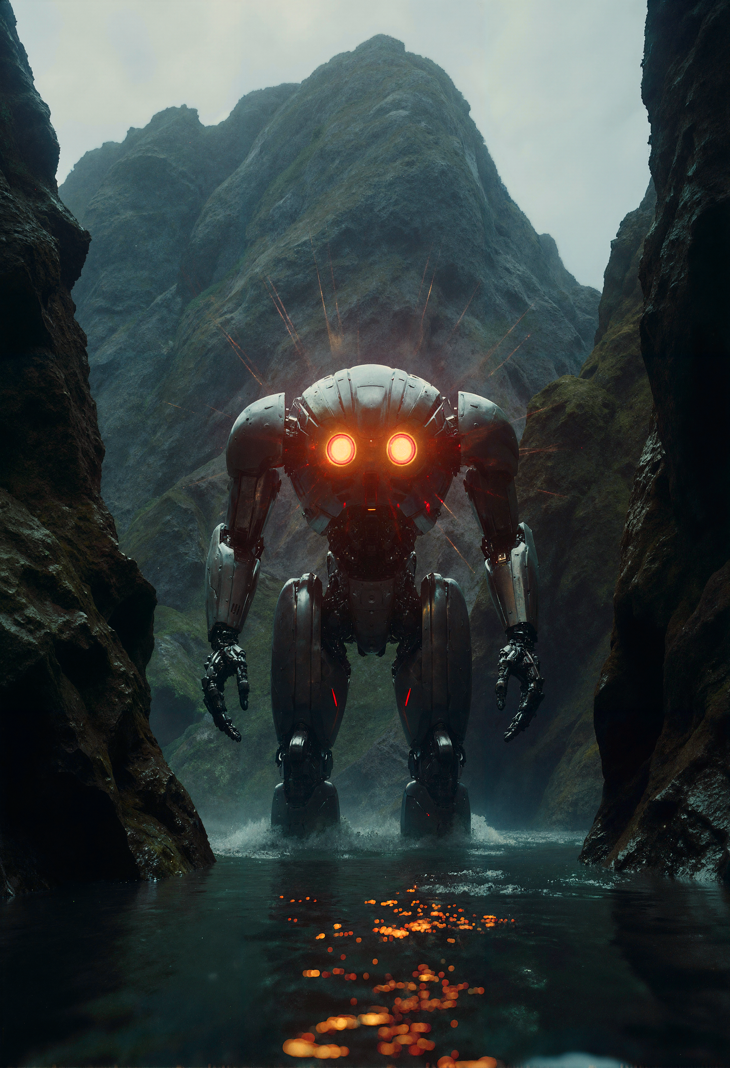 A massive humanoid mech wading through shallow water within a narrow mountain gorge, with a jagged mountain peak visible in the misty background. The robot features white and gray armor plating with glowing orange circular eyes and red accent lights on its torso and legs. Overcast daylight creates diffuse illumination throughout the scene, while the mech's glowing features reflect on the water's surface in the foreground. 