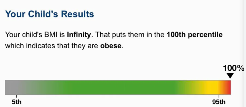 A screenshot saying "Your child's Results, Your child's BMI is Infinity. That puts them in the 100th percentile which indicates that they are obese."