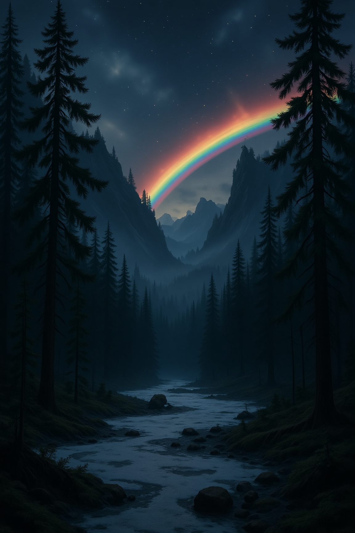 A vibrant rainbow arcs across a dusky sky above a forested mountain valley. Tall evergreen pines frame the valley on both sides. In the center, a narrow river winds through the misty valley floor, reflecting faint light as it flows between scattered rocks. Mountain peaks rise in the background, their ridges barely visible. The rainbow's colors appear especially vivid against the dark backdrop, creating a striking contrast with the somber blue tones of the dark landscape. 