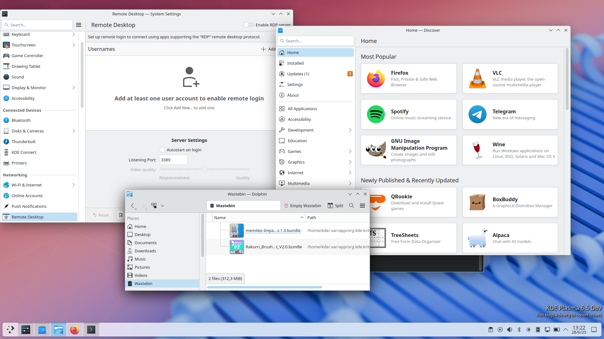 A screenshot of KDE's Plasma 6.4 desktop with several applicatios open, including System Settings (on the RDP configuration page), Discover (showing the most popular downloaded apps) and Dolphin, showing and open folder with several files.