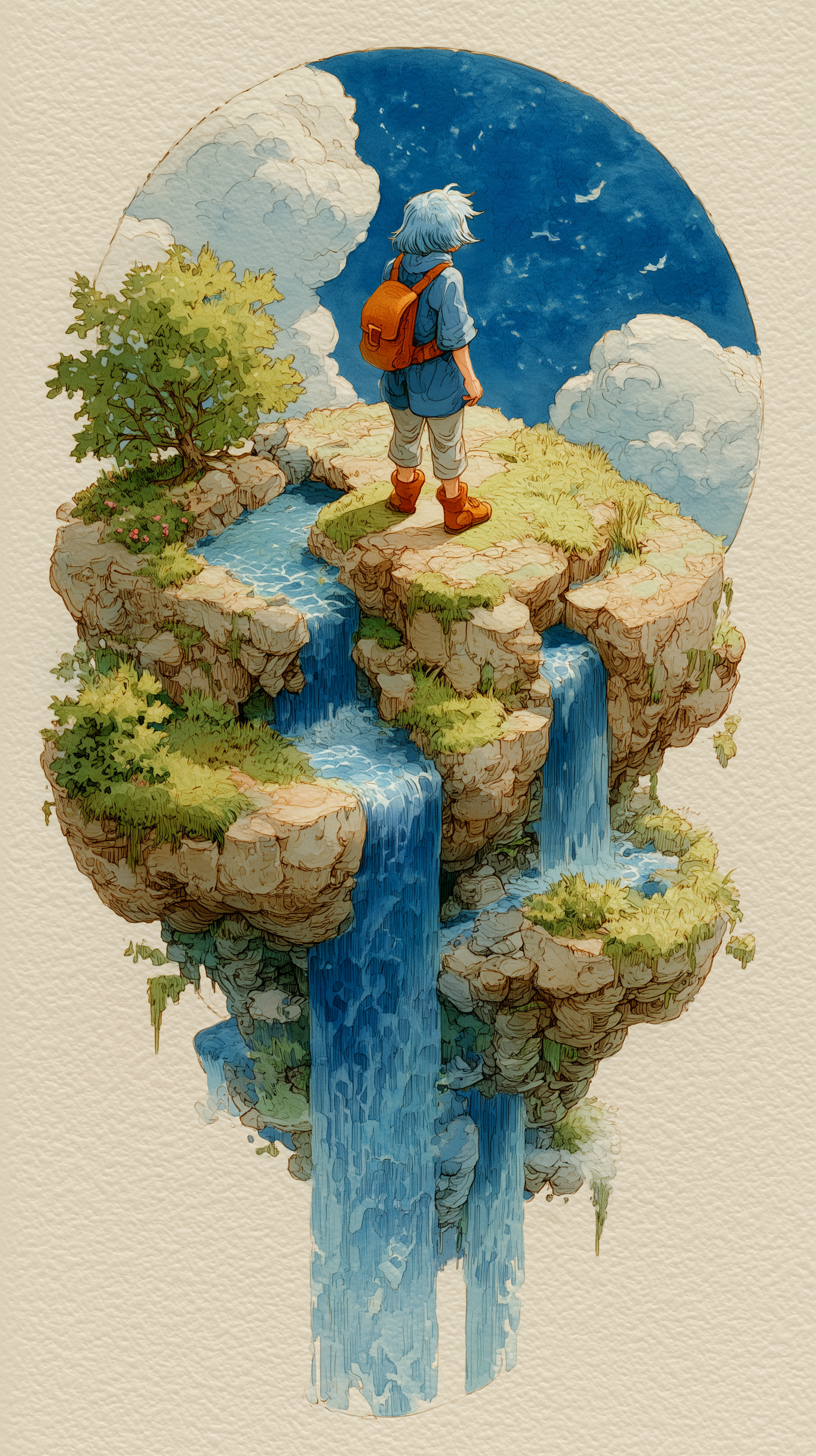 A young character with silver-white hair wearing an orange backpack and blue clothing, standing on a grass-covered floating island while gazing toward a portal with a blue sky filled with white clouds inside. The rocky landmass floats in a white void and features multiple waterfalls cascading downward from various levels of the terraced stone formation, with lush green vegetation and a small tree growing from the cliff edges. 