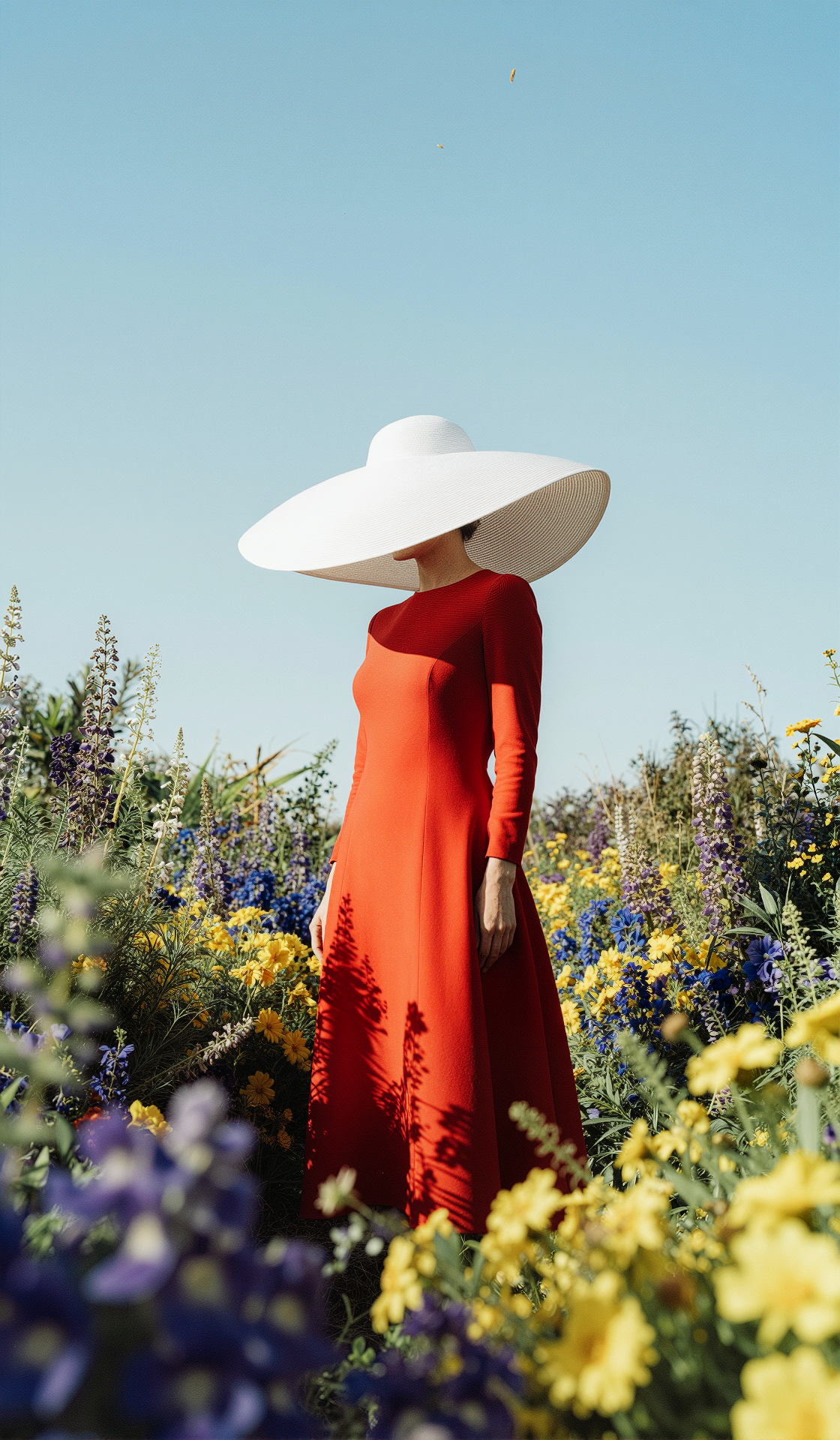A person in a bright red dress stands in the middle of a wide, colorful flower field under a clear blue sky with an oversized white hat hiding their face. Yellow, purple, and blue blossoms fill the landscape around them, creating a vivid contrast with the red fabric. 