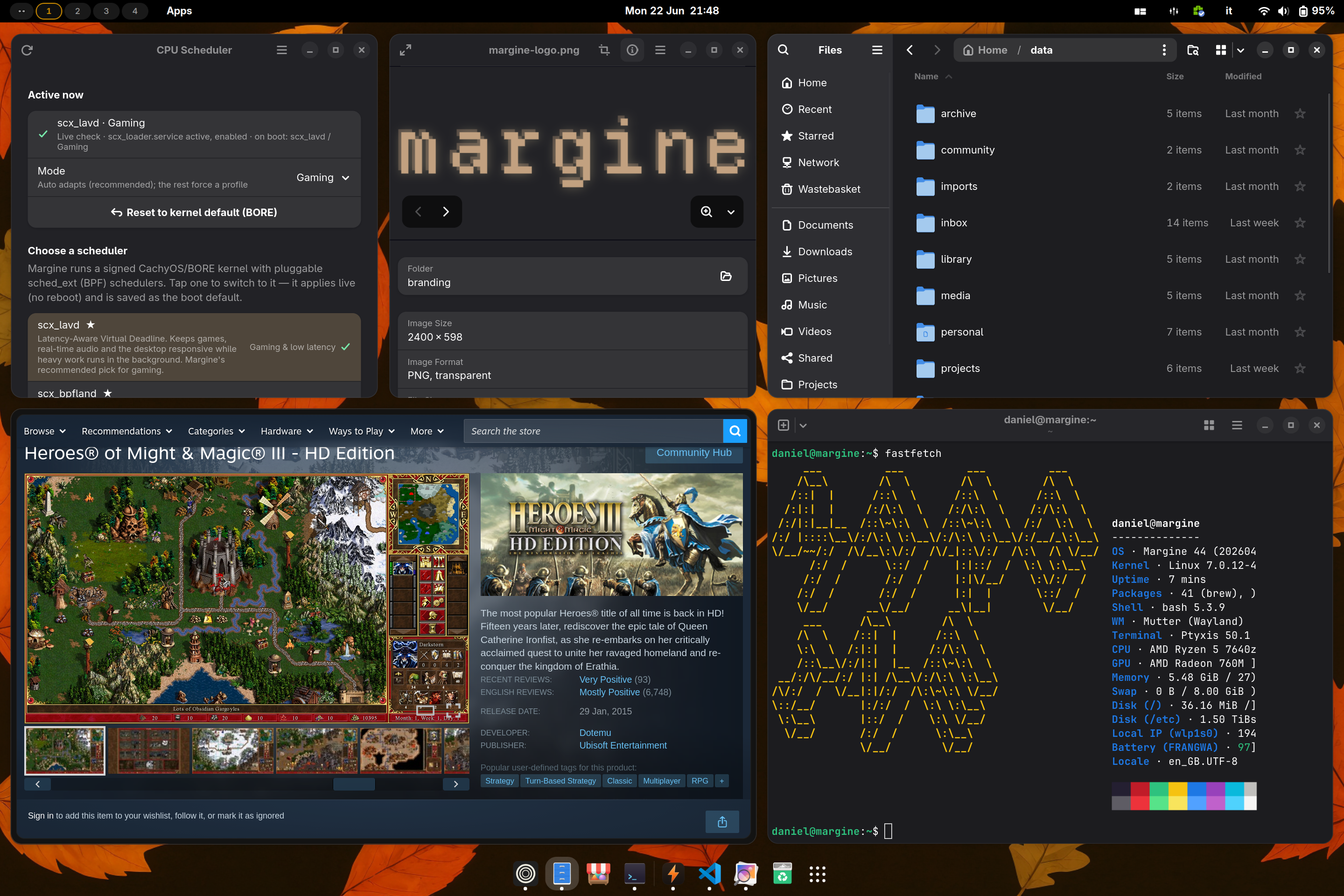 Margine OS: CPU scheduler GUI, branding, Files, Heroes III, and fastfetch