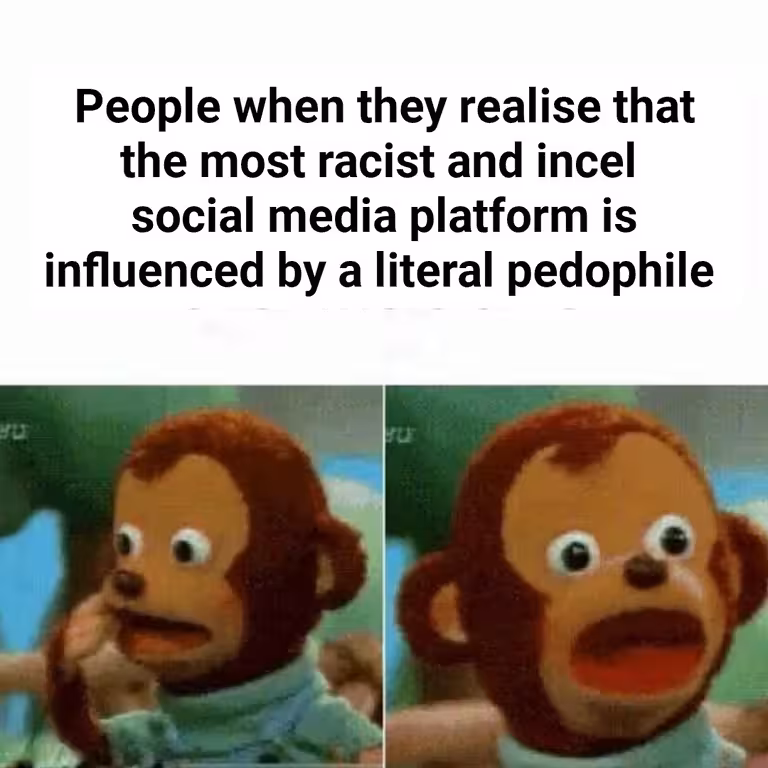 People when they realise that the most racist and incel social media platform is influenced by a literal pedophile